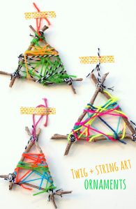 twig and string art ornaments